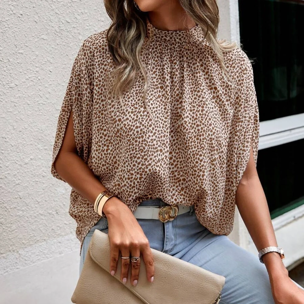 Leopard Print Batwing Sleeve Oversized Blouse - Picture 1 of 4